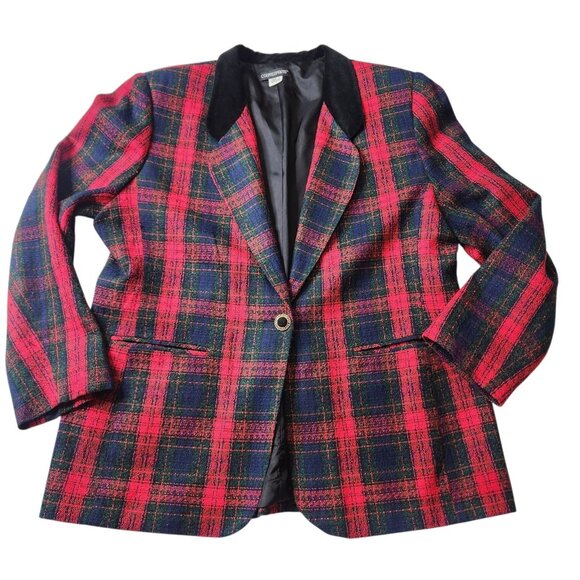 Vintage Holiday Red Plaid Single Button Blazer Jacket Velvet Collar Size XL - Picture 1 of 9